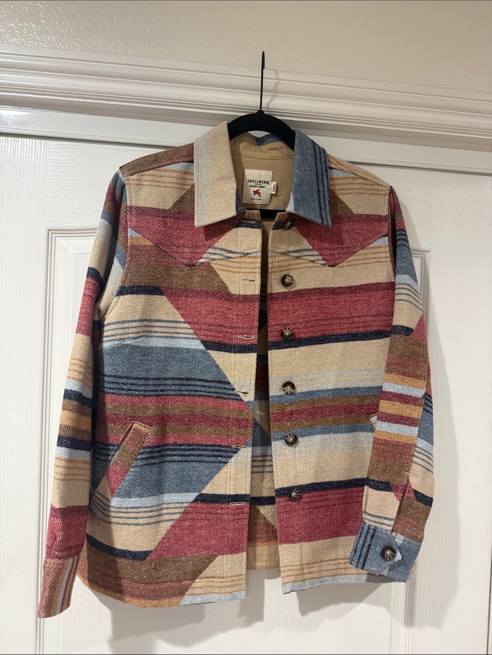 Idyllwibd Multicolor Striped & Geometric Wool Jacket — Cream, Blue, Red, Brown